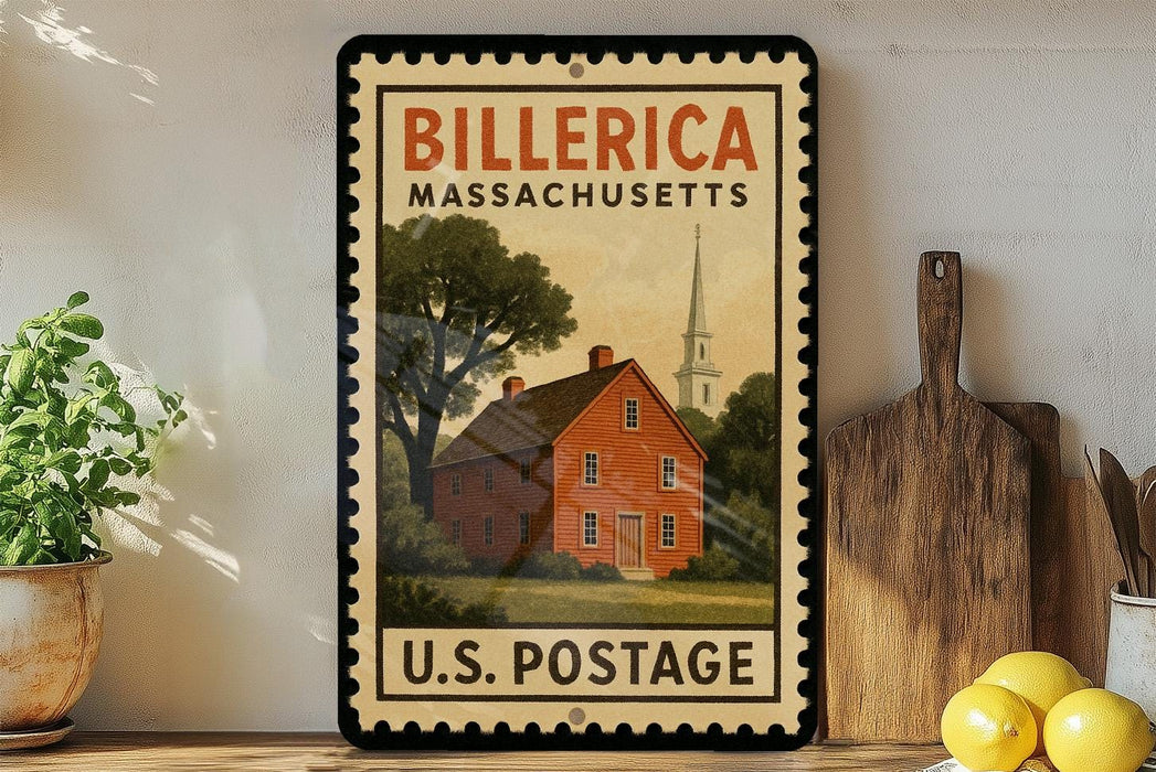 A vintage-style stamp depicting a red brick house with a church steeple, placed on a shelf next to a wooden cutting board and a potted plant.