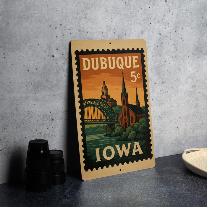 A vintage postage stamp from Dubuque, Iowa, featuring an illustration of the city's landmarks and a bridge.