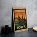 A vintage postage stamp from Dubuque, Iowa, featuring an illustration of the city's landmarks and a bridge.