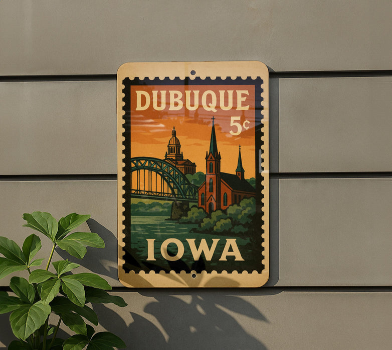 A vintage postage stamp from Dubuque, Iowa, featuring a scenic illustration of the city's landmarks and a bridge.