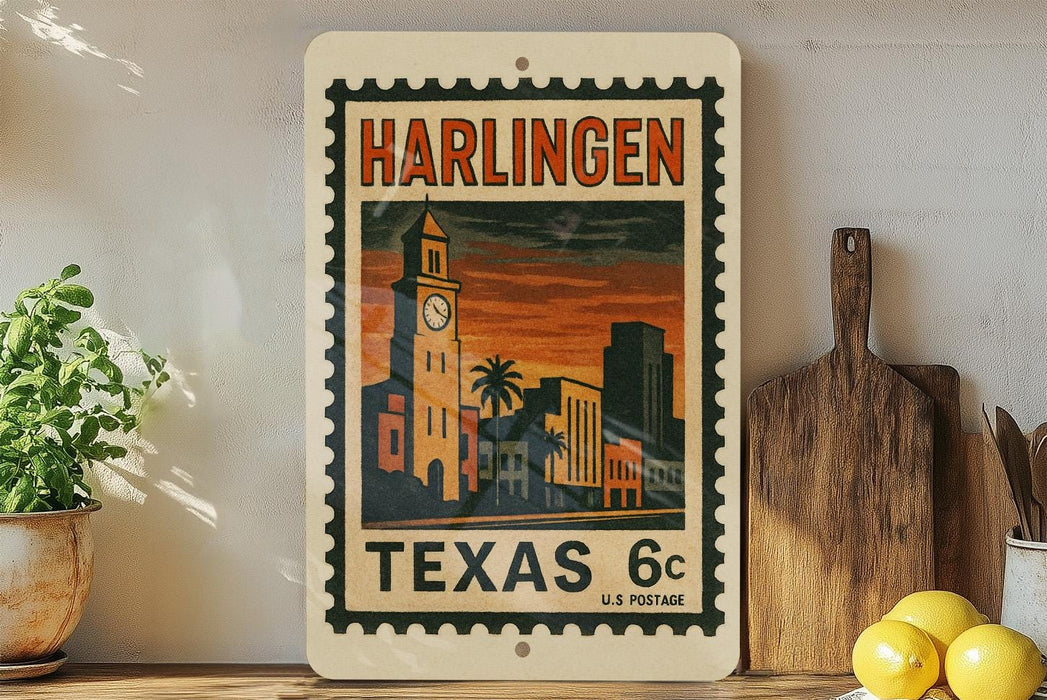 A vintage postage stamp from Harlingen, Texas, featuring a cityscape with a clock tower, is displayed on a shelf next to a wooden cutting board and some lemons.