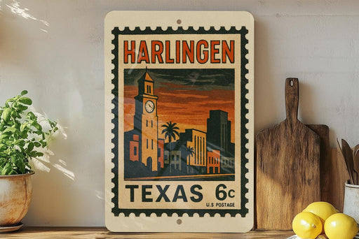 A vintage postage stamp from Harlingen, Texas, featuring a cityscape with a clock tower, is displayed on a shelf next to a wooden cutting board and some lemons.
