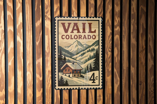 A vintage-style postage stamp from Colorado, featuring a snowy mountain landscape with a small cabin in the foreground.