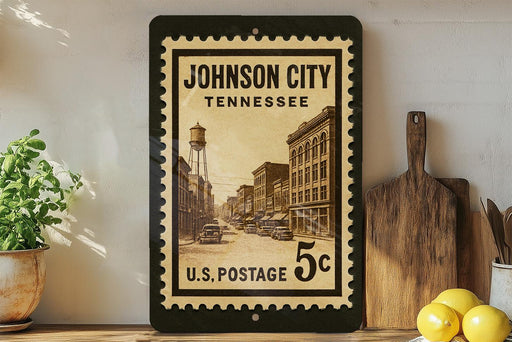 A vintage-style postage stamp from Johnson City, Tennessee, featuring an old street scene and a water tower, displayed on a shelf next to a wooden cutting board and some lemons.