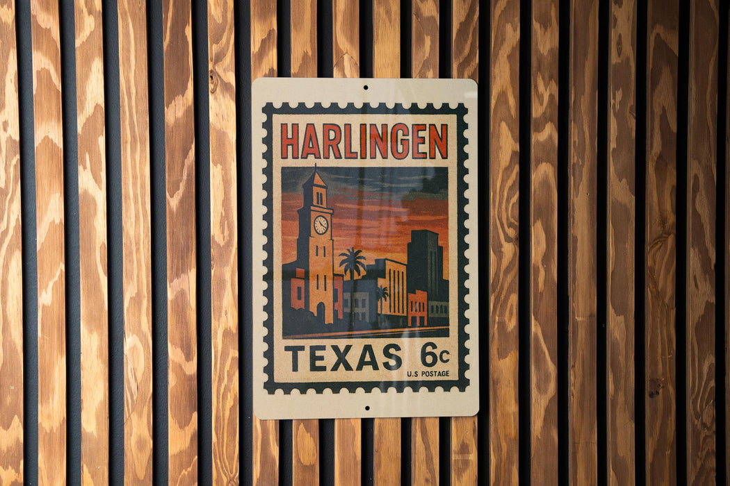 A vintage postage stamp from Harlingen, Texas, featuring a cityscape and a clock tower.