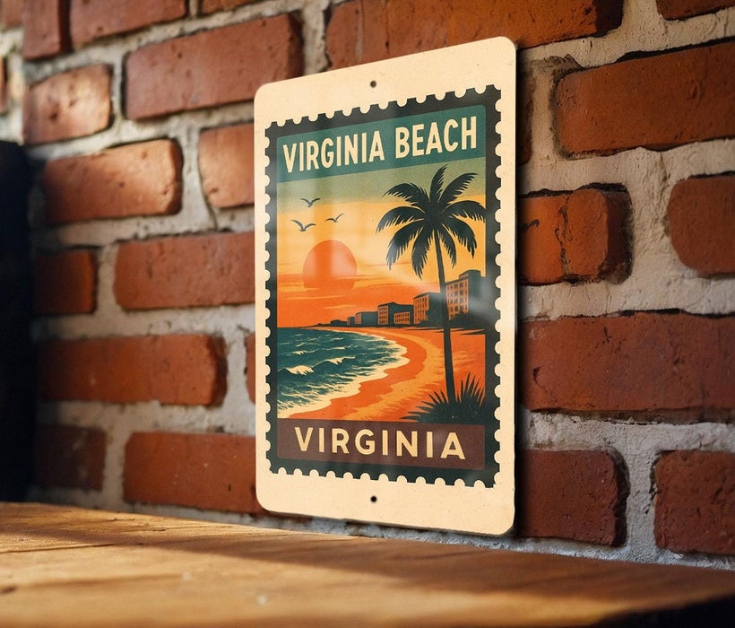 A vintage-style metal sign with a tropical beach scene and palm trees, mounted on a brick wall.