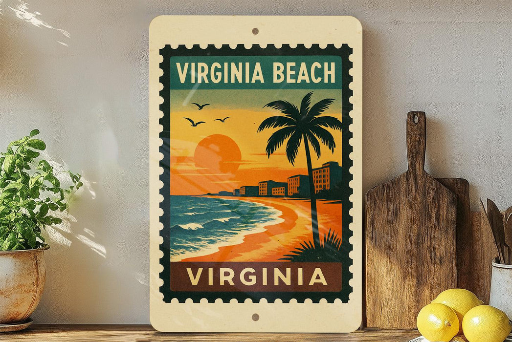A vintage-style metal sign with a tropical beach scene, featuring a palm tree, ocean waves, and buildings, is displayed on a shelf next to a wooden cutting board and some potted plants.