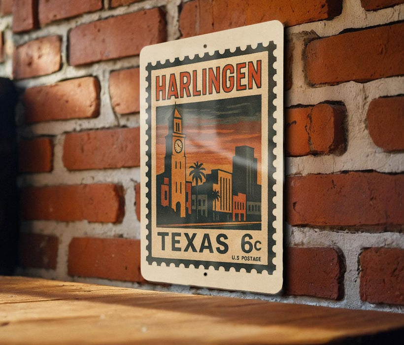A metal sign with a vintage-style illustration of Harlingen, Texas, mounted on a brick wall.