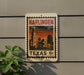 A vintage postage stamp from Harlingen, Texas, featuring a cityscape with a clock tower and palm trees, mounted on a wall.