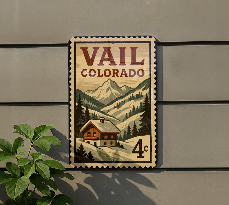 A vintage-style postage stamp from Colorado, featuring a mountain landscape and a small cabin, mounted on a wall.