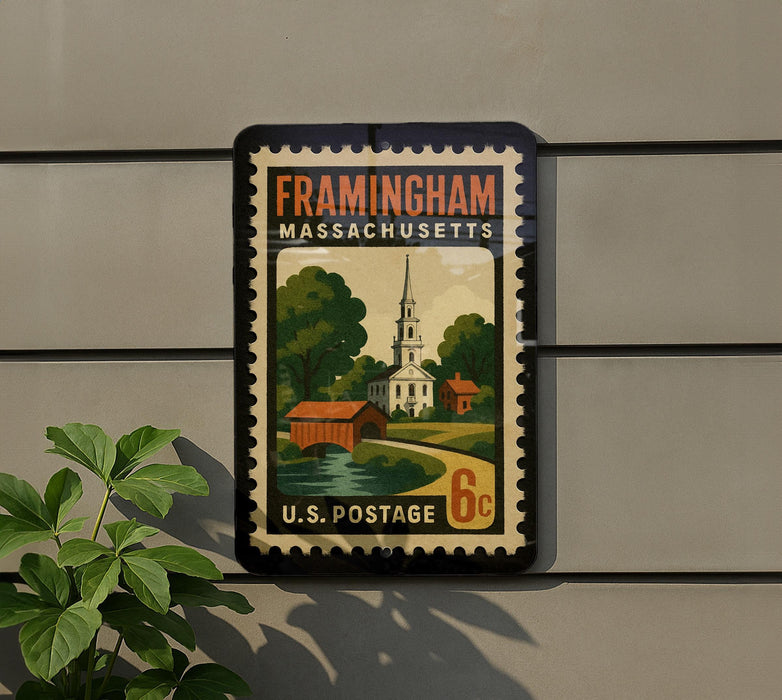Framingham, Massachusetts, U.S. Postage stamp depicting a scenic rural landscape with a church steeple, a bridge, and a small house.