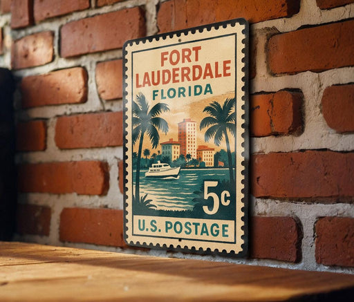 A vintage-style postage stamp from the United States, featuring a tropical beach scene with palm trees and a boat, mounted on a brick wall.