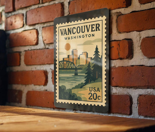 A vintage-style postage stamp from Vancouver, Washington, featuring a cityscape and a bridge, mounted on a brick wall.