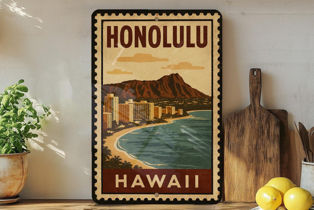 A vintage-style metal sign with the text "HONOLULU" and a picture of a beach and mountains, placed on a shelf next to a wooden cutting board and some potted plants.