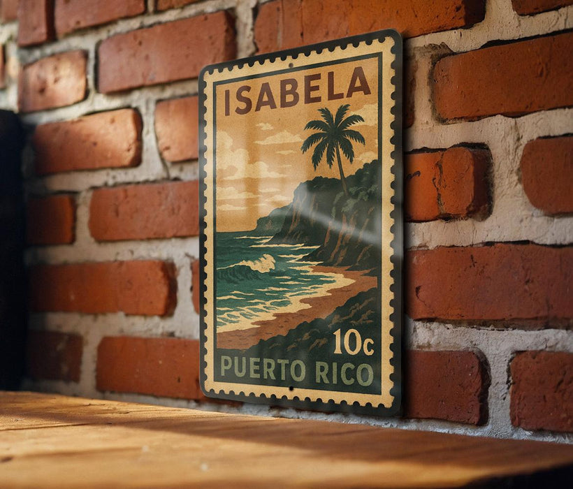 A vintage postage stamp from Puerto Rico depicting a tropical beach scene with a palm tree and ocean waves.