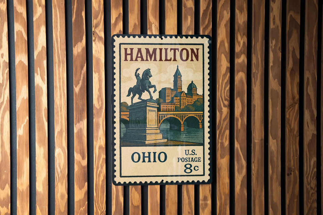 A vintage Hamilton postage stamp from the United States, featuring a statue of a man on a horse in front of a cityscape.