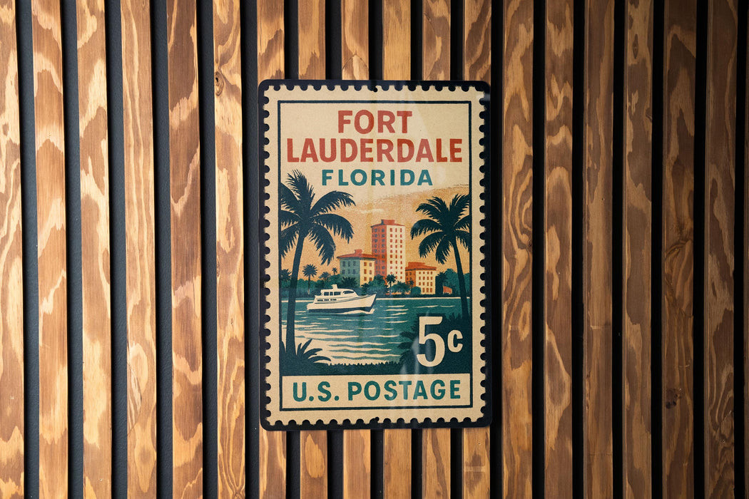 A vintage U.S. postage stamp from Fort Lauderdale, Florida, featuring a palm tree and a boat on the water.