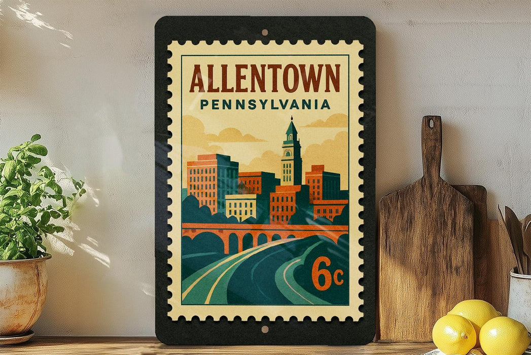 a framed poster of the town of Allentown, Pennsylvania, with a cityscape and a bridge depicted on it. The poster is placed on a shelf next to a wooden cutting board and a potted plant.