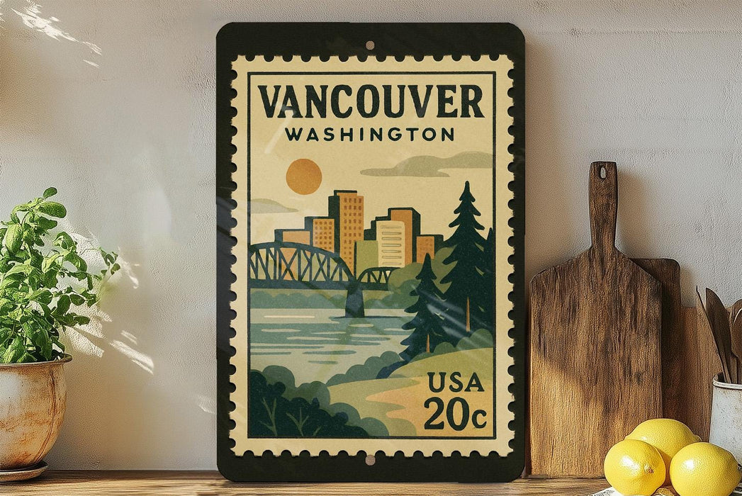 A framed vintage postage stamp depicting the city of Vancouver, Washington, with a bridge and trees in the background.