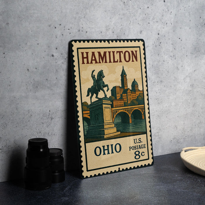 A metal stamp from the United States Postal Service (U.S. POSTAGE) depicting a cityscape with a statue, placed on a table next to some black camera lenses.