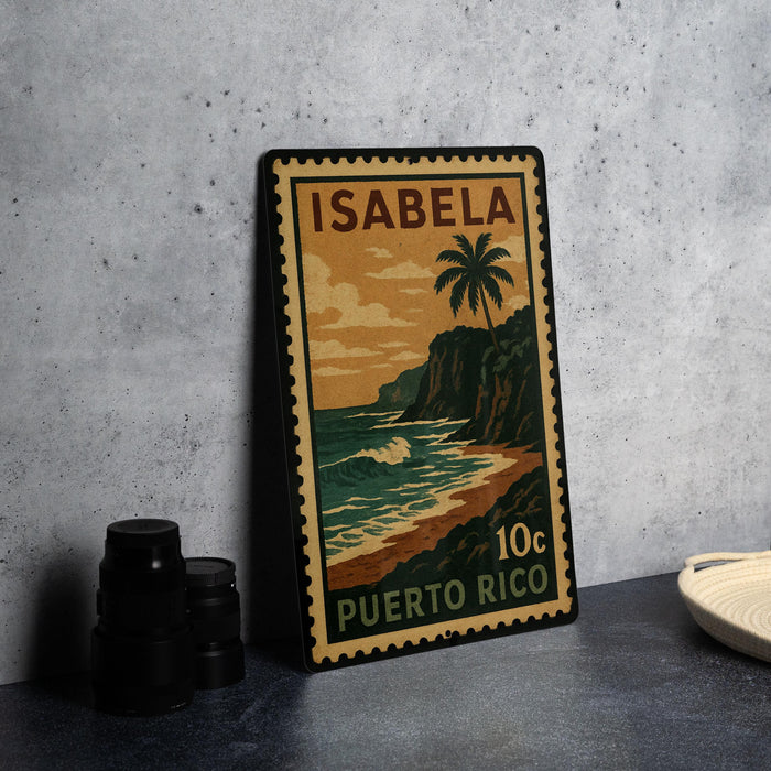 A vintage postage stamp from Puerto Rico depicting a tropical beach scene with a palm tree and ocean waves.