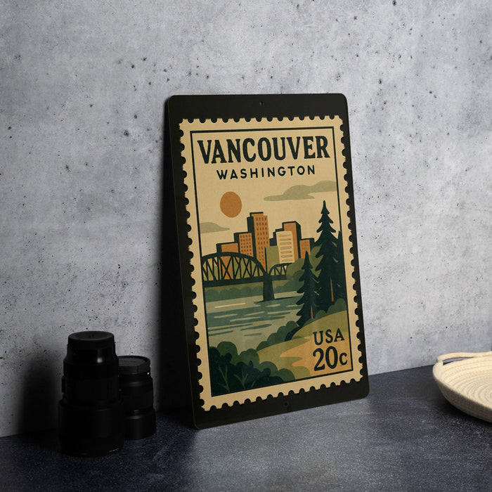 A vintage-style postage stamp from Washington, United States, featuring a cityscape and a bridge, placed on a countertop next to some black camera lenses.