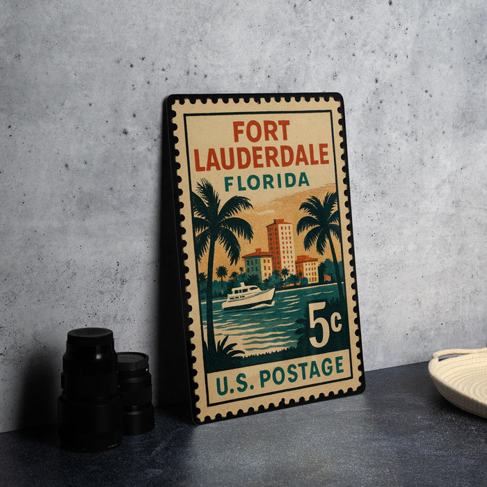 A vintage-style postage stamp from the United States, featuring a tropical cityscape with palm trees and a boat on the water.