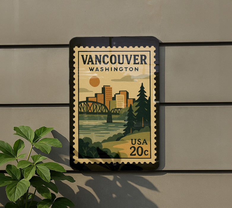 A postage stamp depicting the city of Vancouver, Washington, with a bridge and trees in the background.