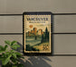 A postage stamp depicting the city of Vancouver, Washington, with a bridge and trees in the background.