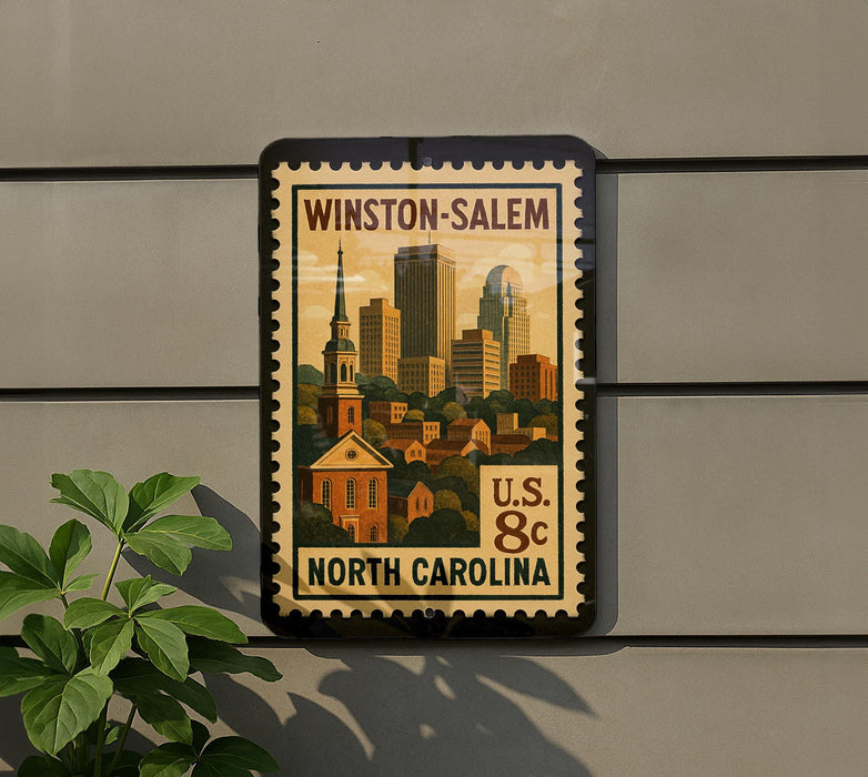 A framed postage stamp depicting Winston-Salem, North Carolina, with a cityscape and church spire.