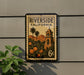 A vintage-style postage stamp from California, featuring a bell tower and palm trees, is displayed on a wall.