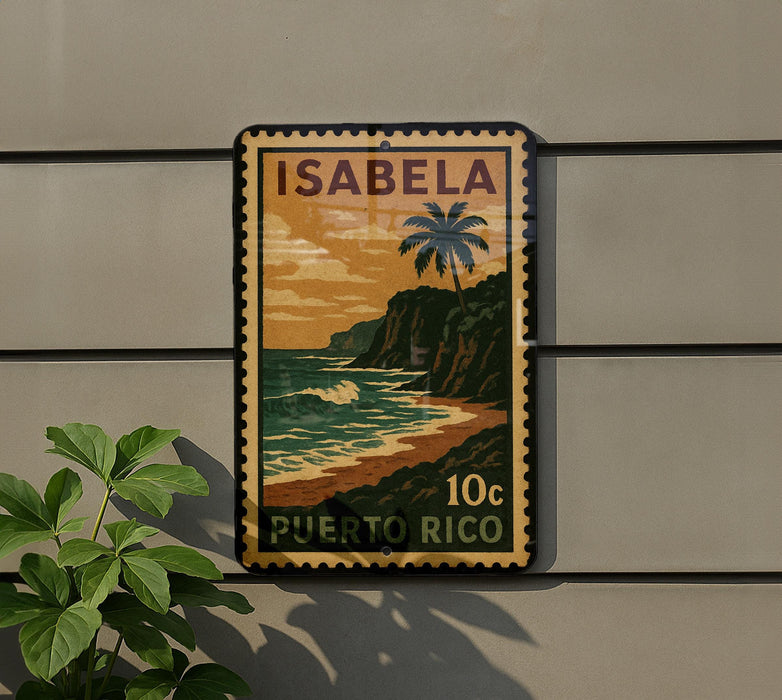 A vintage postage stamp from Puerto Rico depicting a tropical beach scene with palm trees and a cliff overlooking the ocean.
