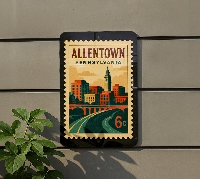 A framed poster of the city of Allentown, Pennsylvania, featuring a stylized illustration of the cityscape and a bridge.