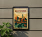A framed poster of the city of Allentown, Pennsylvania, featuring a stylized illustration of the cityscape and a bridge.