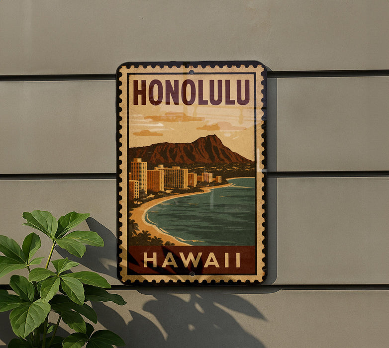 A vintage-style sign with the text "HONOLULU" and "HAWAII" printed on it, depicting a beach and mountain landscape.