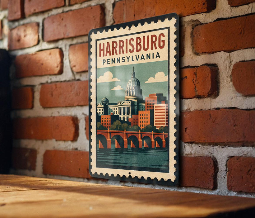 A vintage-style metal sign with the text "HARRISBURG PENNSYLVANIA" and an illustration of Harrisburg, Pennsylvania, is displayed on a brick wall.