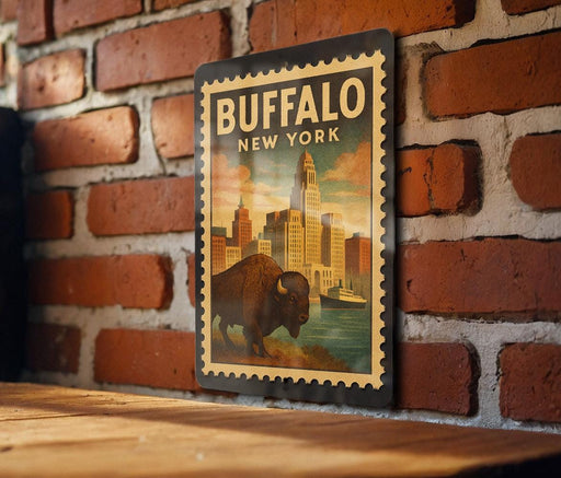 A vintage-style metal sign with the text "BUFFALO NEW YORK" and an illustration of a buffalo in front of a city skyline.