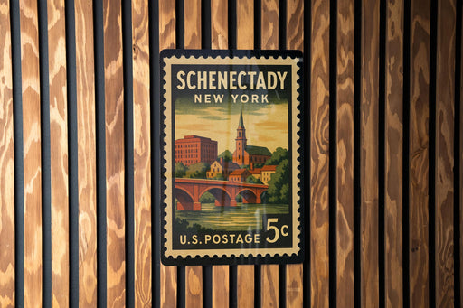 A vintage U.S. postage stamp from New York, featuring a bridge and buildings, is displayed on a wooden wall.