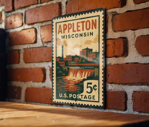 A vintage-style postage stamp from the United States, featuring an illustration of a waterfall and buildings, mounted on a brick wall.