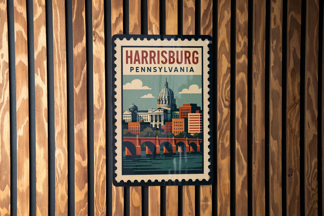A vintage-style postage stamp depicting the Harrisburg, Pennsylvania skyline, with a bridge and dome in the center.