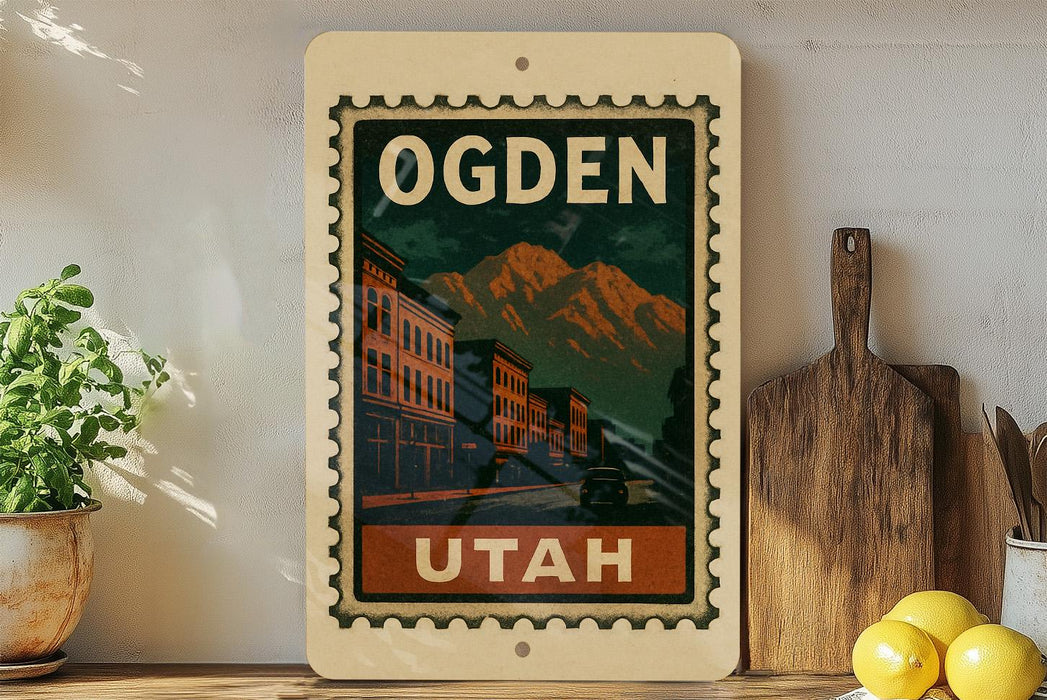 a vintage-style sign for Ogden, Utah, with a mountain landscape and buildings in the background.