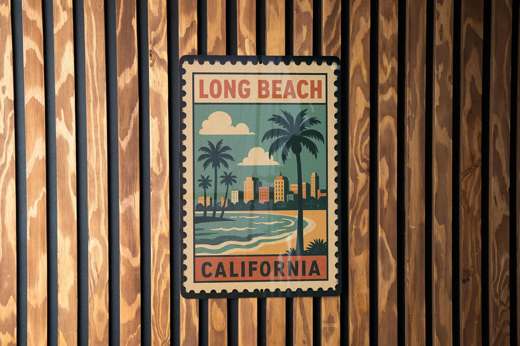 A vintage-style stamp or sign with the text "LONG BEACH CALIFORNIA" and an illustration of a beach scene with palm trees and a city skyline.