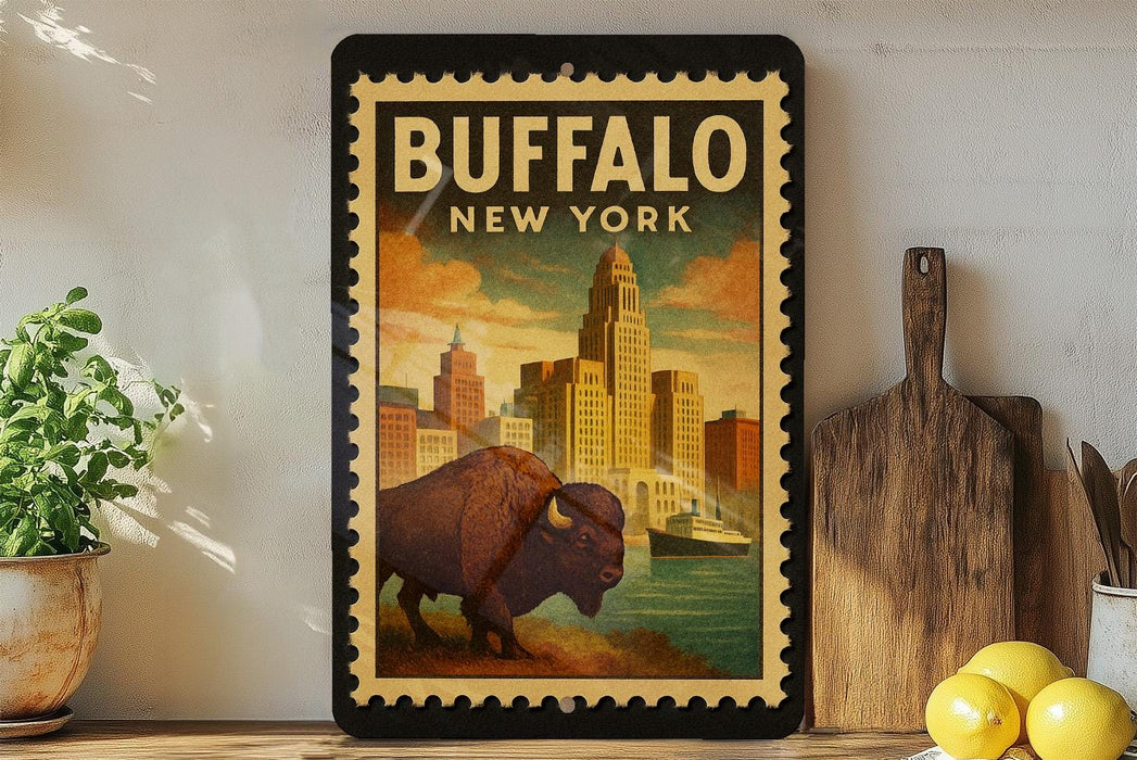 A framed poster of a buffalo in Buffalo, New York, with a cityscape in the background.