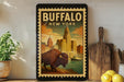 A framed poster of a buffalo in Buffalo, New York, with a cityscape in the background.