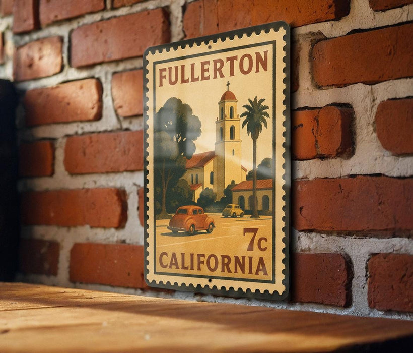 A vintage postage stamp depicting a car and a church in Fullerton, California, with the text "Fullerton 7c CALIFORNIA".