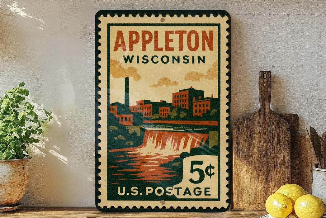 A vintage-style postage stamp from Wisconsin, featuring an illustration of a waterfall and buildings, displayed on a shelf next to a wooden cutting board and some lemons.