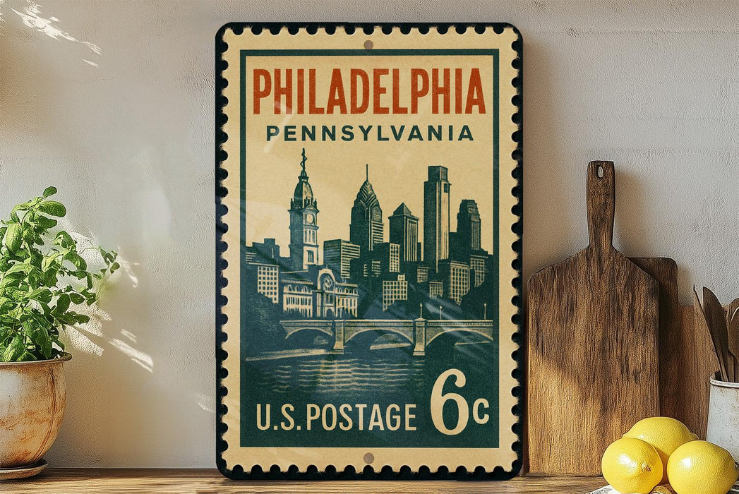 A vintage-style postage stamp from the United States Postal Service, featuring the Philadelphia skyline, is displayed on a shelf next to a wooden cutting board and some lemons.