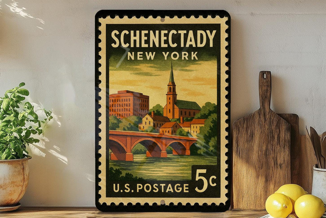 A vintage U.S. postage stamp from Schenectady, New York, featuring a scenic illustration of the town and a bridge.