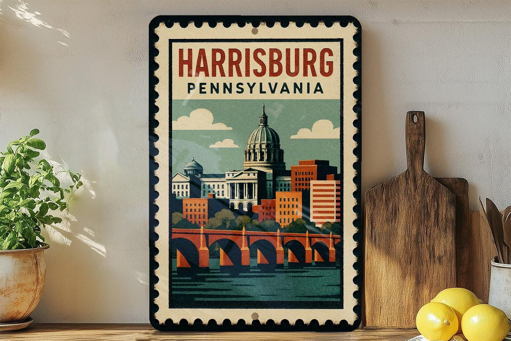 A framed poster of Harrisburg, Pennsylvania, featuring a cityscape with a bridge and dome, is displayed on a wall next to kitchen utensils and a potted plant.