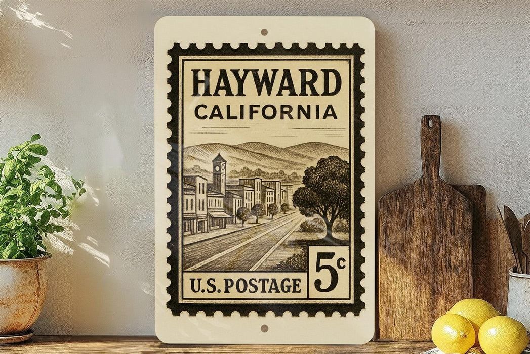 A vintage-style stamp from the United States Postal Service, featuring an illustration of a town in California with a road and buildings. The stamp is mounted on a wall, and there are some kitchen utensils and a potted plant visible in the foreground.